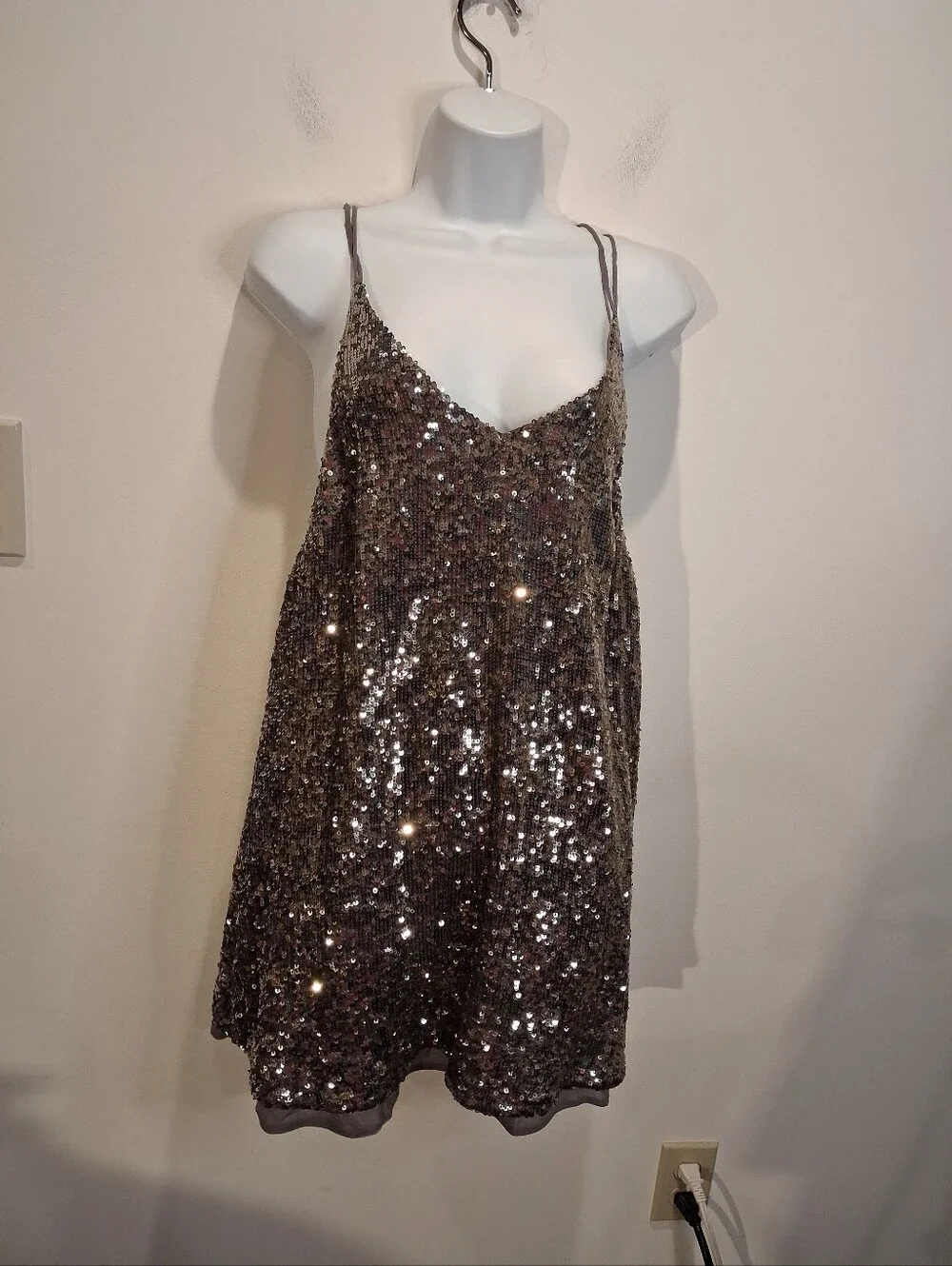 Free People Size Xs Silver Sequins Mini Slip Dress
